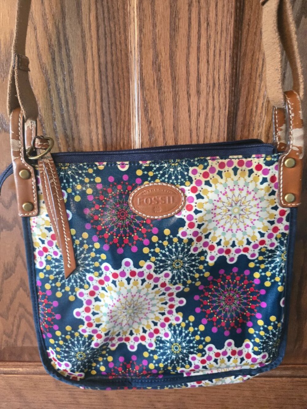 Fossil Key-Per Coated Canvas Crossbody Bag Multicolor Vintage Print Fair Cond